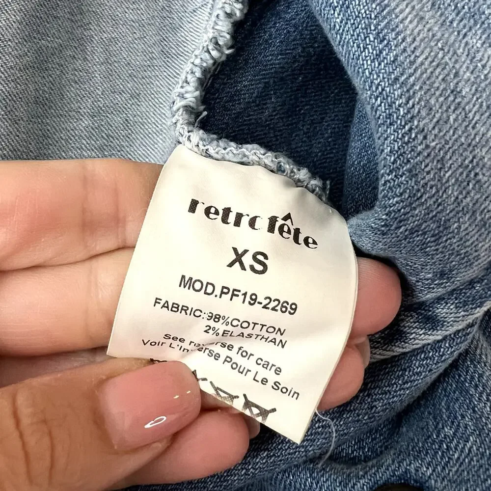 Retrofete Willa Jean Denim Mini Dress Blue XS Western Padded Shoulders - Picture 5 of 6